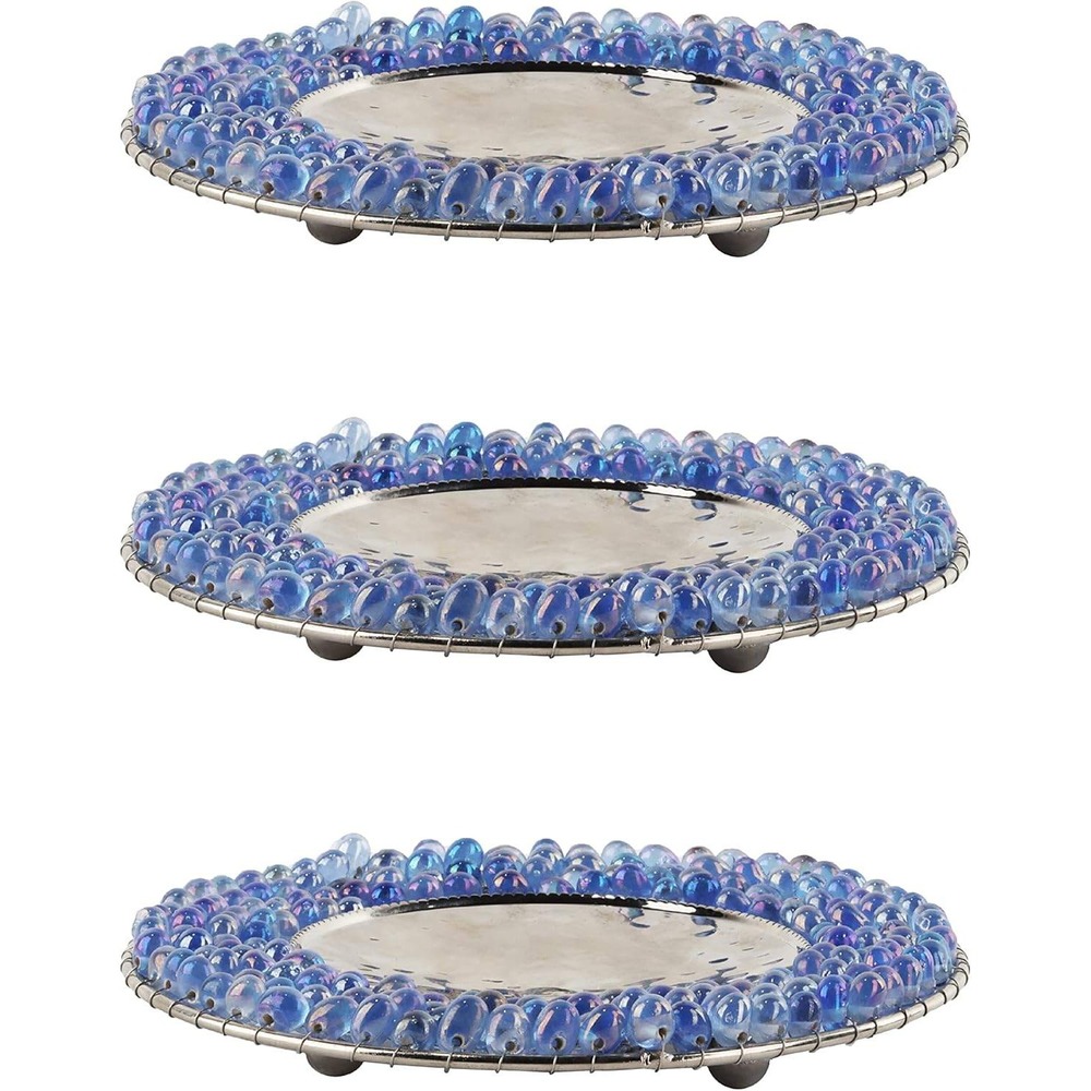 Blue Beaded Candle Stand‎ Set of 7 Hammered Silver Metal Pillar Plate X00334J7C3